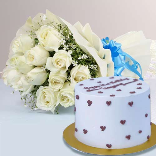12 White Rose Bouquet With Cake