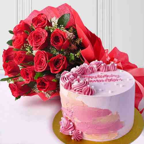12 Red Rose With Velvet Cake