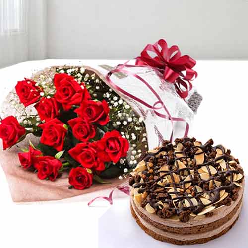 12 Red Rose Bouquet With Cake