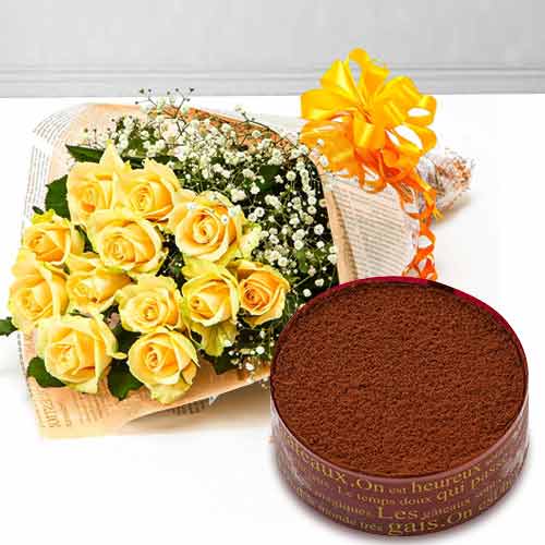 12 Yellow Rose Bouquet with Tiramisu Cake