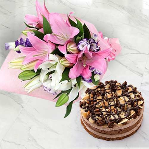 Lily Bouquet With Chocolate Cake