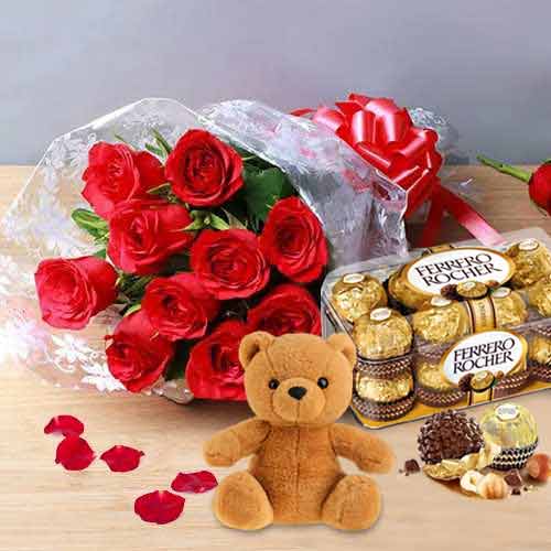 Red Rose Teddy And Chocolates