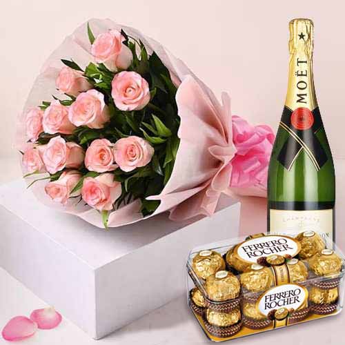 12 Pink Rose Chocolate And Moet